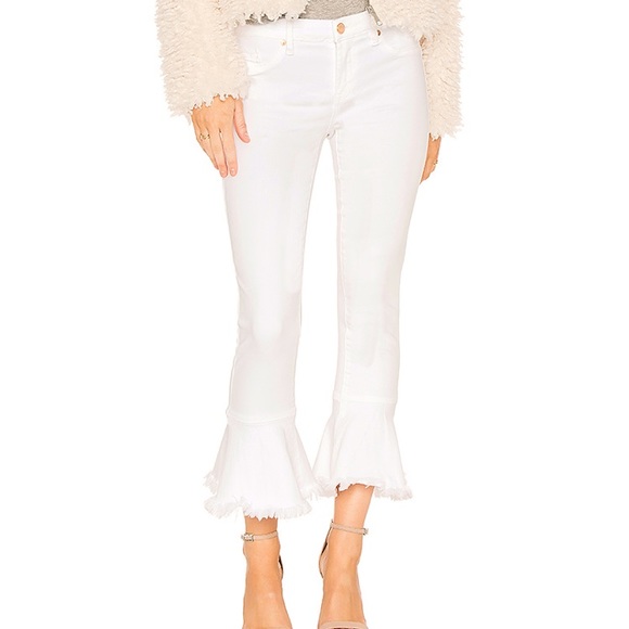white jeans ruffle bottom